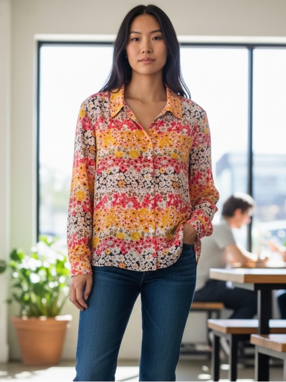 Vintage Retro Floral Semi Sheer Button Down Shirt Size Large